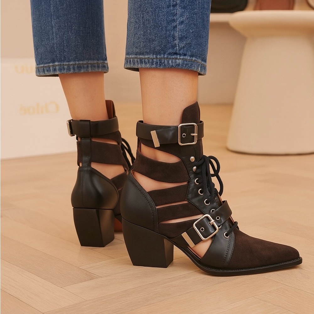 Chloe Black and Brown Lace Up Boots with Chunky Heel NWT